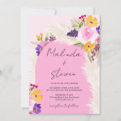Boho roze bloemenpampas woestijnboog bruiloft kaart (Voorkant)