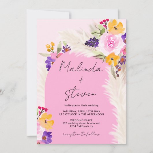 Boho roze bloemenpampas woestijnboog bruiloft kaart (Voorkant)