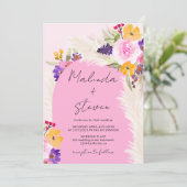Boho roze bloemenpampas woestijnboog bruiloft kaart (Staand voorkant)