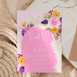 Boho roze bloemenpampas woestijnboog Sweet 16 Kaart