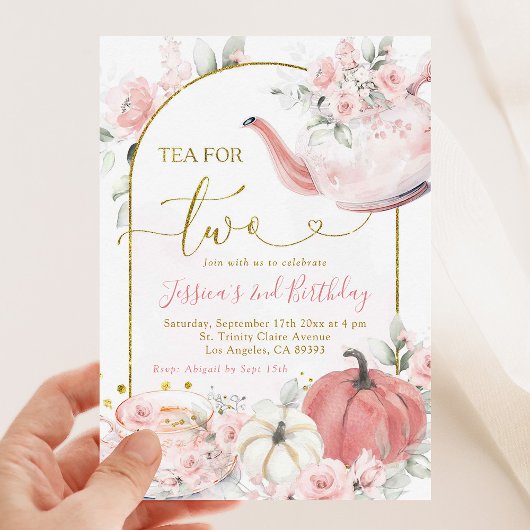 Boho roze bloemenpompoenthee voor twee Herfsten Kaart