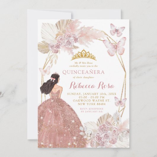 Boho roze bloemenvlinder prinses quinceañera kaart (Voorkant)