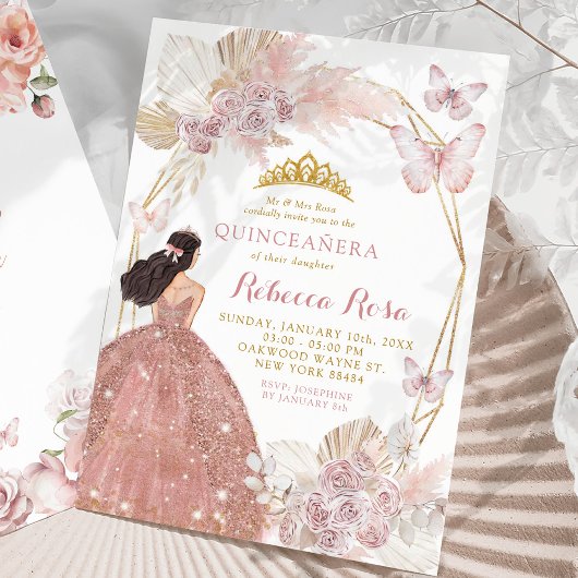 Boho roze bloemenvlinder prinses quinceañera kaart
