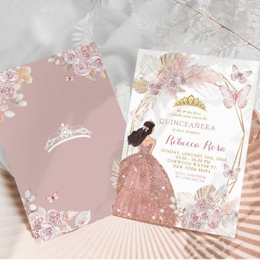 Boho roze bloemenvlinder prinses quinceañera kaart