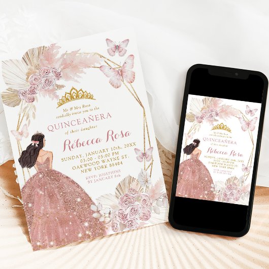 Boho roze bloemenvlinder prinses quinceañera kaart