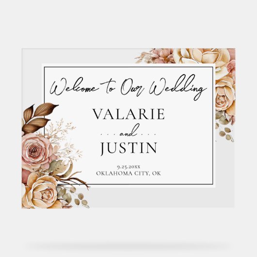 Boho roze bloemenwelkom bruiloft acryl bord (Voorkant)