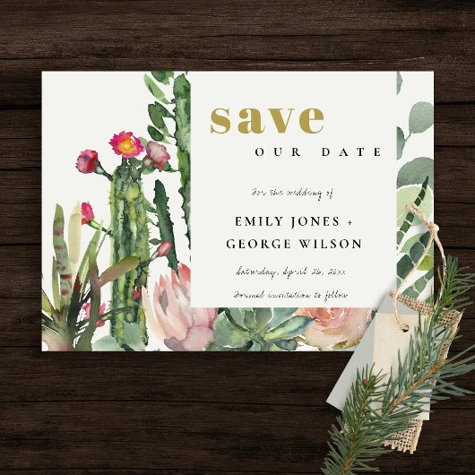 BOHO ROZE BLOEMENWOESTIJN CACTUS LOOF AQUEURREL SAVE THE DATE