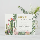 BOHO ROZE BLOEMENWOESTIJN CACTUS LOOF AQUEURREL SAVE THE DATE (Staand voorkant)