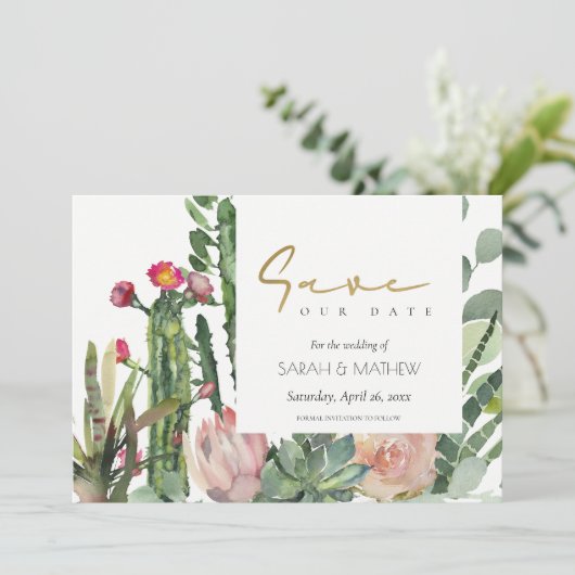 BOHO ROZE BLOEMENWOESTIJN CACTUS LOOF WATERVERF S SAVE THE DATE (Staand voorkant)