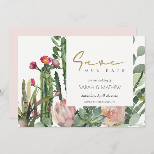 BOHO ROZE BLOEMENWOESTIJN CACTUS LOOF WATERVERF S SAVE THE DATE (Voorkant / Achterkant)