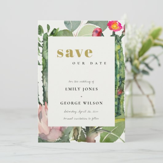 BOHO ROZE BLOEMENWOESTIJN CACTUS LOOF WATERVERF SAVE THE DATE (Staand voorkant)