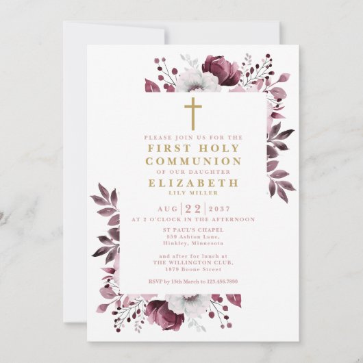 Boho Roze Bloemige Botanische Eerste Heilige Commu Kaart (Voorkant)