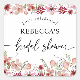 Boho Roze Bloemige Bruiloftsshower Rond  Vierkante Sticker