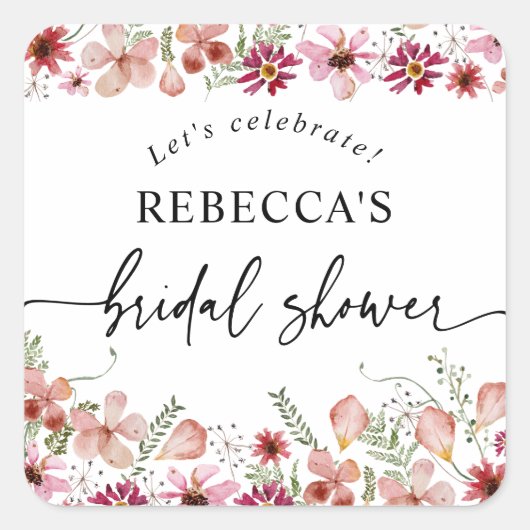 Boho Roze Bloemige Bruiloftsshower Rond  Vierkante Sticker (Voorkant)