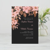 Boho Roze Bloemige Herfst Zwarte Trouw Kaart (Staand voorkant)