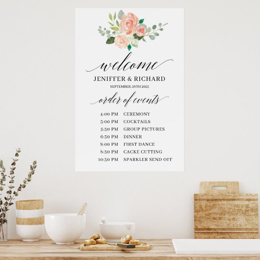 Boho roze bloemige huwelijksvolgorde van de dienst poster (Keuken)