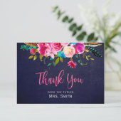 Boho Roze Bloemige Navy Bruidsmeisje Dankkaart Bedankkaart (Staand voorkant)