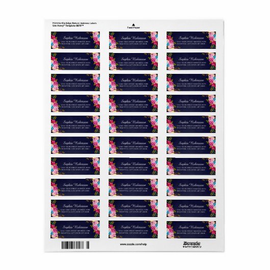 Boho Roze Bloemige Trouw Navy Retouradres Label (Full Sheet)