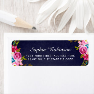 Boho Roze Bloemige Trouw Navy Retouradreslabel Etiket