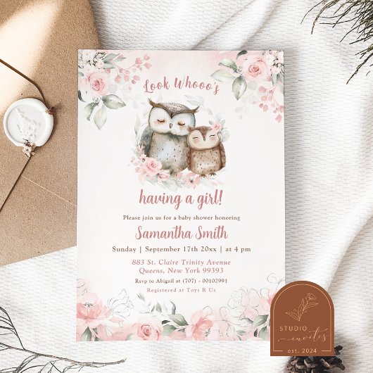 Boho Roze Bloemige Uil Baby Shower Kaart