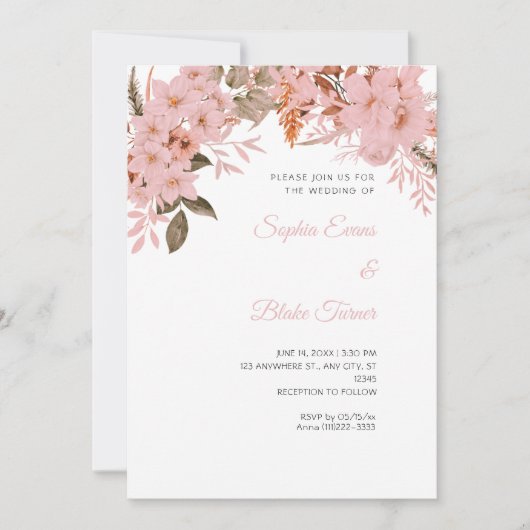 Boho Roze Bloemige Winter Witte Trouw Kaart (Voorkant)