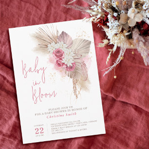 Boho Roze Bloemrozen Waterverf Baby Shower Kaart