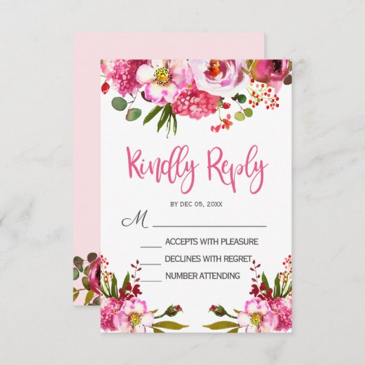 Boho Roze Bloemtypografie Trouw RSVP kaart (Voorkant / Achterkant)