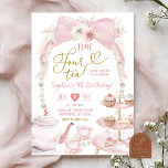 Boho Roze Boog Tijd Vier Thee Verjaardag Kaart<br><div class="desc">Pearl Pink Bow Coquette Kids Verjaardag Uitnodiging,  Boho Pink Bow Time Vier Tea Verjaardag Viering,  Pampas Floral Tea Party 4e verjaardag</div>