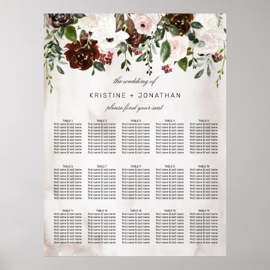 Boho Roze Bourgogne Roos Waterverf Bloemenbruiloft Poster (Voorkant)