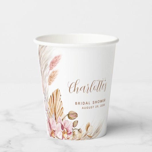 Boho roze bruin pampasgras | VRIJGEZELLENFEEST Papieren Bekers (Achterkant)