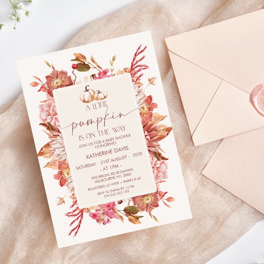 Boho Roze Bruine Herfst Little Pumpkin Baby shower Kaart