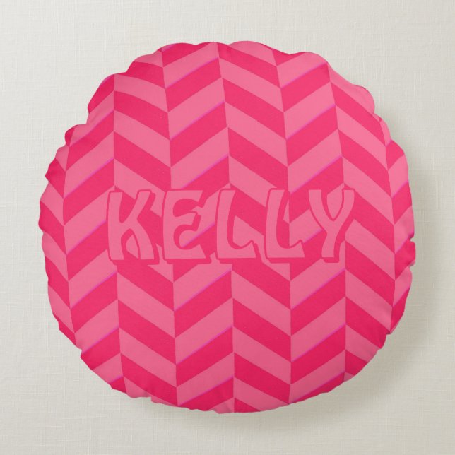 Boho Roze Chevron Ikat Geïnspireerd Patroon Rood A Rond Kussen (Voorkant)