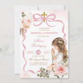 Boho Roze Coquette Pampas Gras Eerste Heilige Comm Kaart (Voorkant)