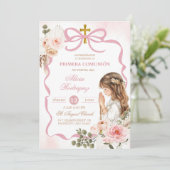 Boho Roze Coquette Pampas Gras Eerste Heilige Comm Kaart (Staand voorkant)