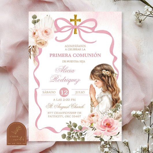 Boho Roze Coquette Pampas Gras Eerste Heilige Comm Kaart