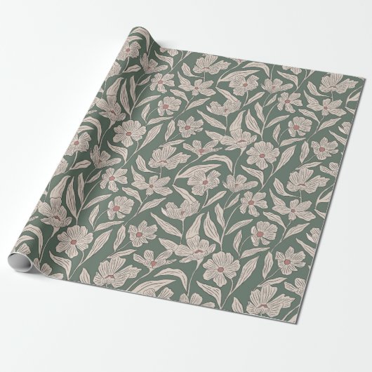 Boho Roze & Donkergroene met de Hand Getekende Blo Cadeaupapier (Uitgerold)