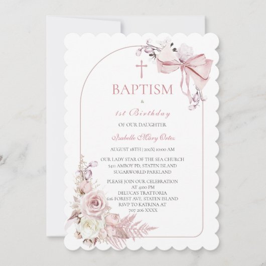 Boho Roze Doop Uitnodiging Meisjes Sjabloon (Voorkant)