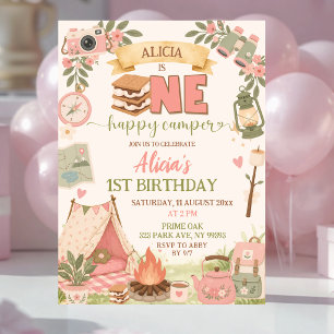 Boho Roze Eén Gelukkige Kampeerder Eerste Verjaard Kaart