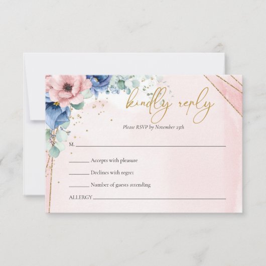 Boho roze en blauw bloemeneucalyptus rsvp kaart (Voorkant)