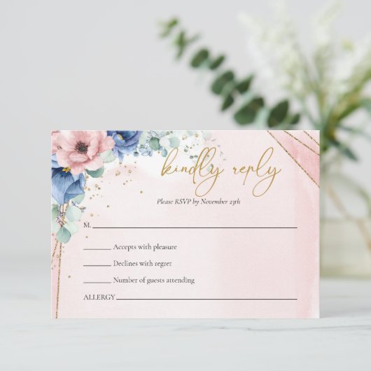 Boho roze en blauw bloemeneucalyptus rsvp kaart (Staand voorkant)