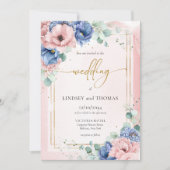 Boho roze en blauwe bloem eucalyptus gouden lijst kaart (Voorkant)