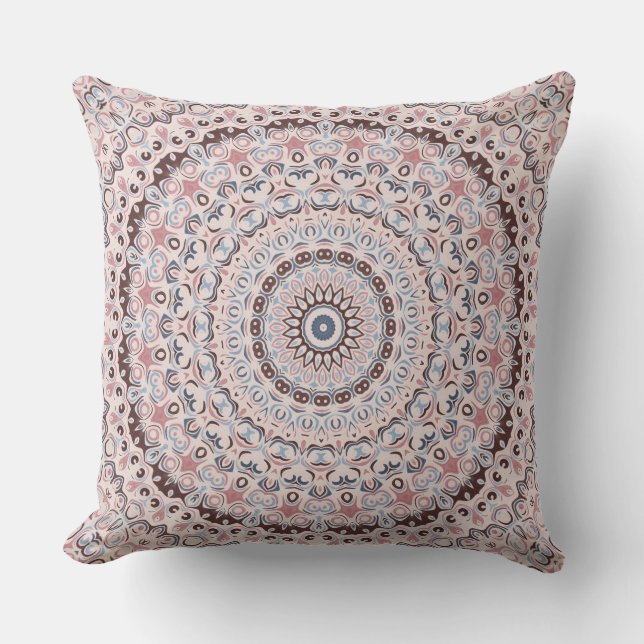 Boho Roze en Blauwe Mandala Patroon Kussen (Voorkant)