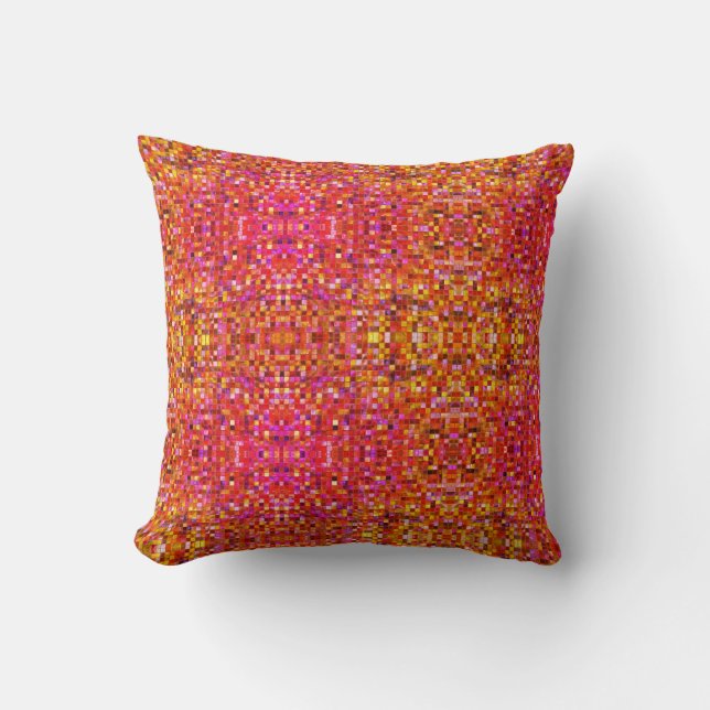 Boho Roze en Geel Vierkant Patroon Kussen (Voorkant)