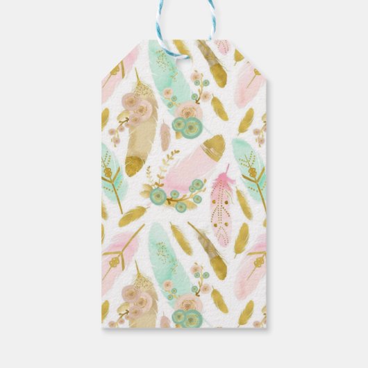 Boho Roze en Gouden Veren Cadeaulabel (Achterkant)