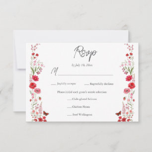 Boho Roze en Rode Wilde Bloemen Huwelijksmaaltijdk RSVP Kaartje