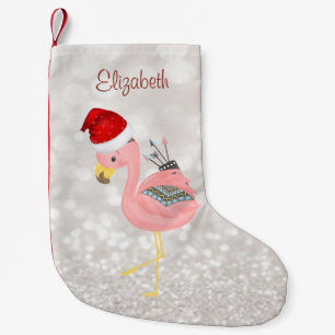 Boho Roze Flamingo Met Kerstman Hoed ,Glitterende Kleine Kerstsok