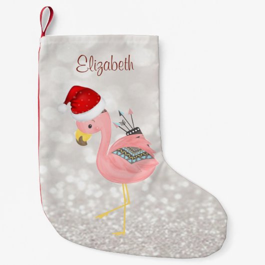 Boho Roze Flamingo Met Kerstman Hoed ,Glitterende Kleine Kerstsok (Voorkant)