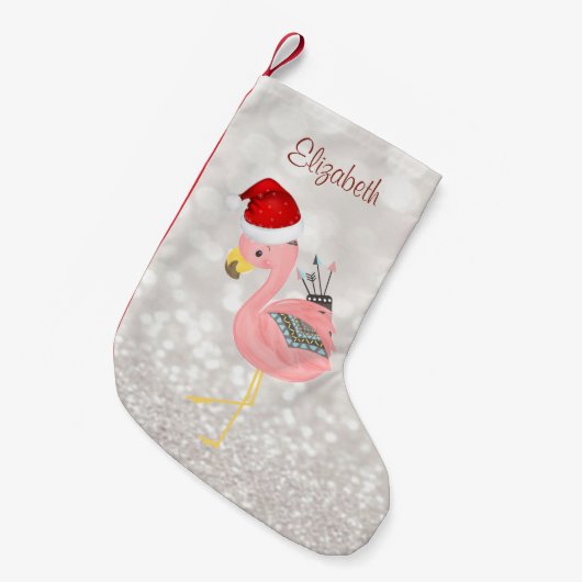 Boho roze flamingo met Santa Hat, Glittery Bokeh Kleine Kerstsok (Voorkant (Hangend))