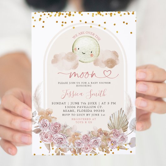 Boho roze Floral over de maan Baby shower Kaart