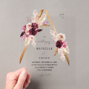 Boho Roze Frame Pampas Gras Bloemen Bruiloft Acryl Uitnodigingen